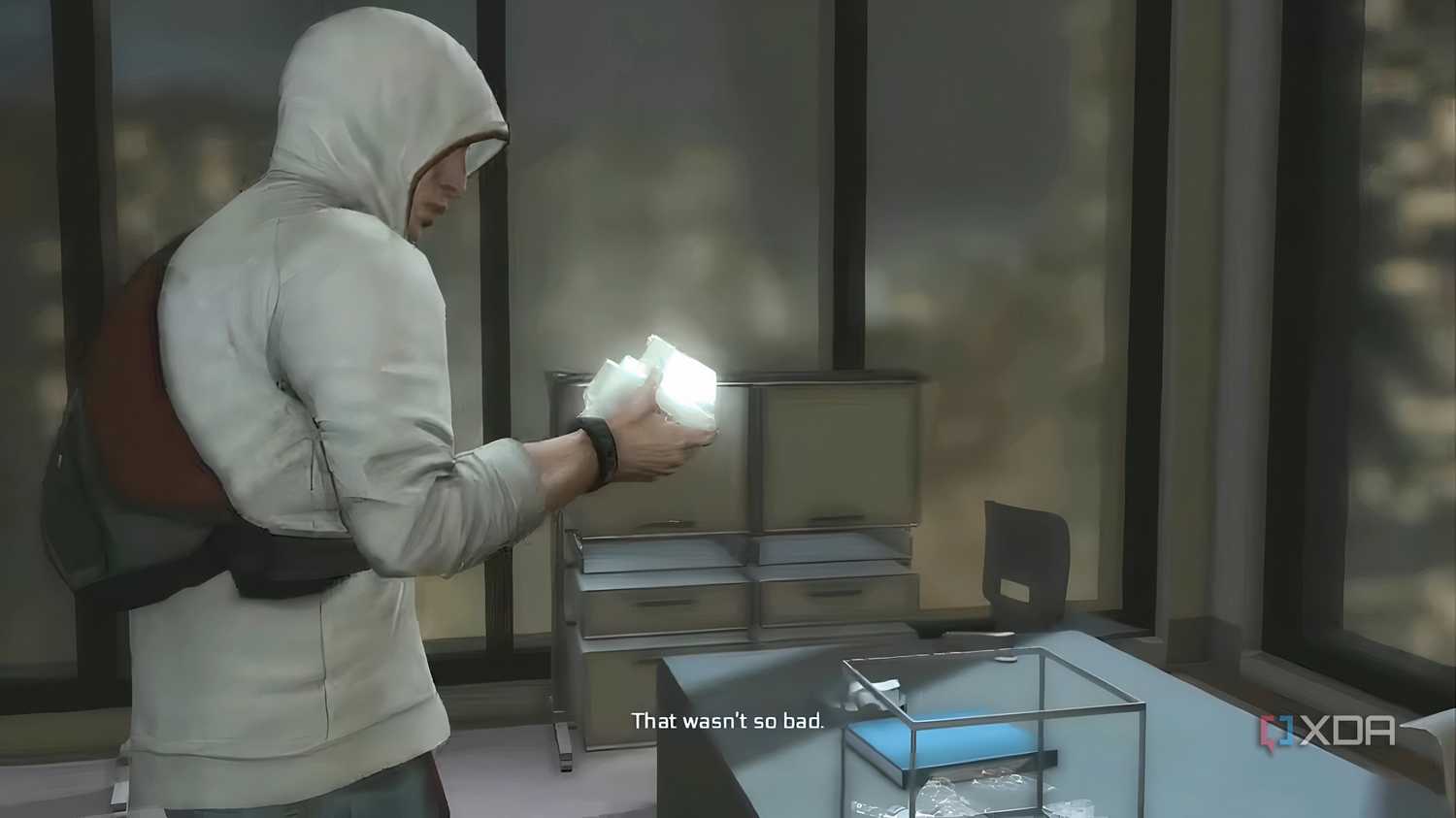 A screenshot from Assassin's Creed 3, showing Desmond Miles wearing a white hoodie.