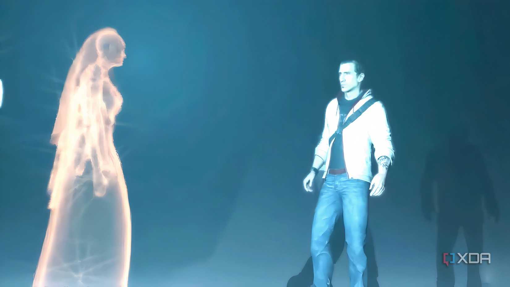 A screenshot from Assassin's Creed 3, showing Desmond talking to an Isu goddess.