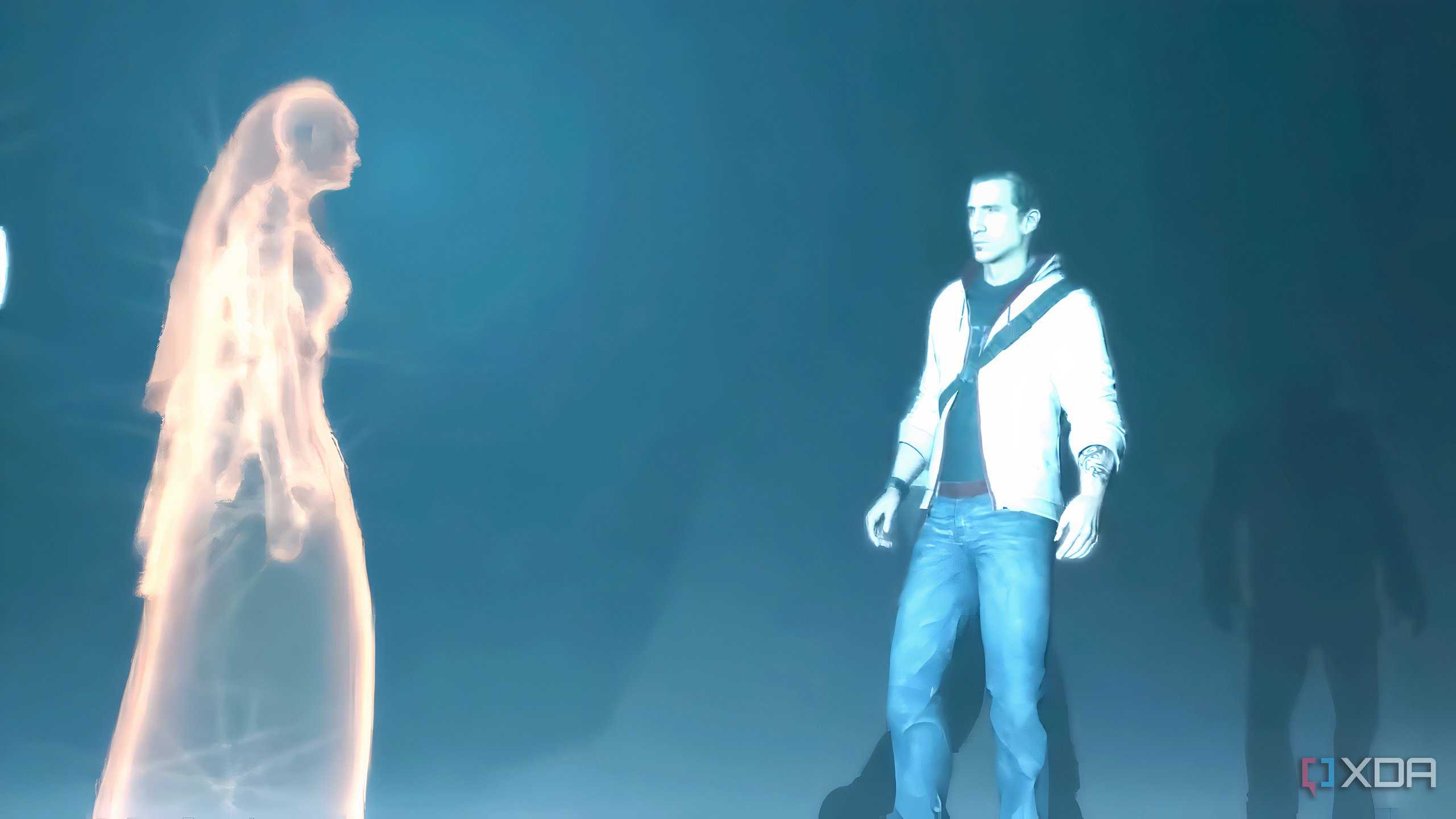 A screenshot from Assassin's Creed 3, showing Desmond talking to an Isu goddess.