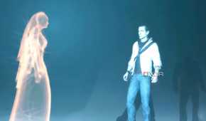 A screenshot from Assassin's Creed 3, showing Desmond talking to an Isu goddess.