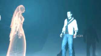 A screenshot from Assassin's Creed 3, showing Desmond talking to an Isu goddess.