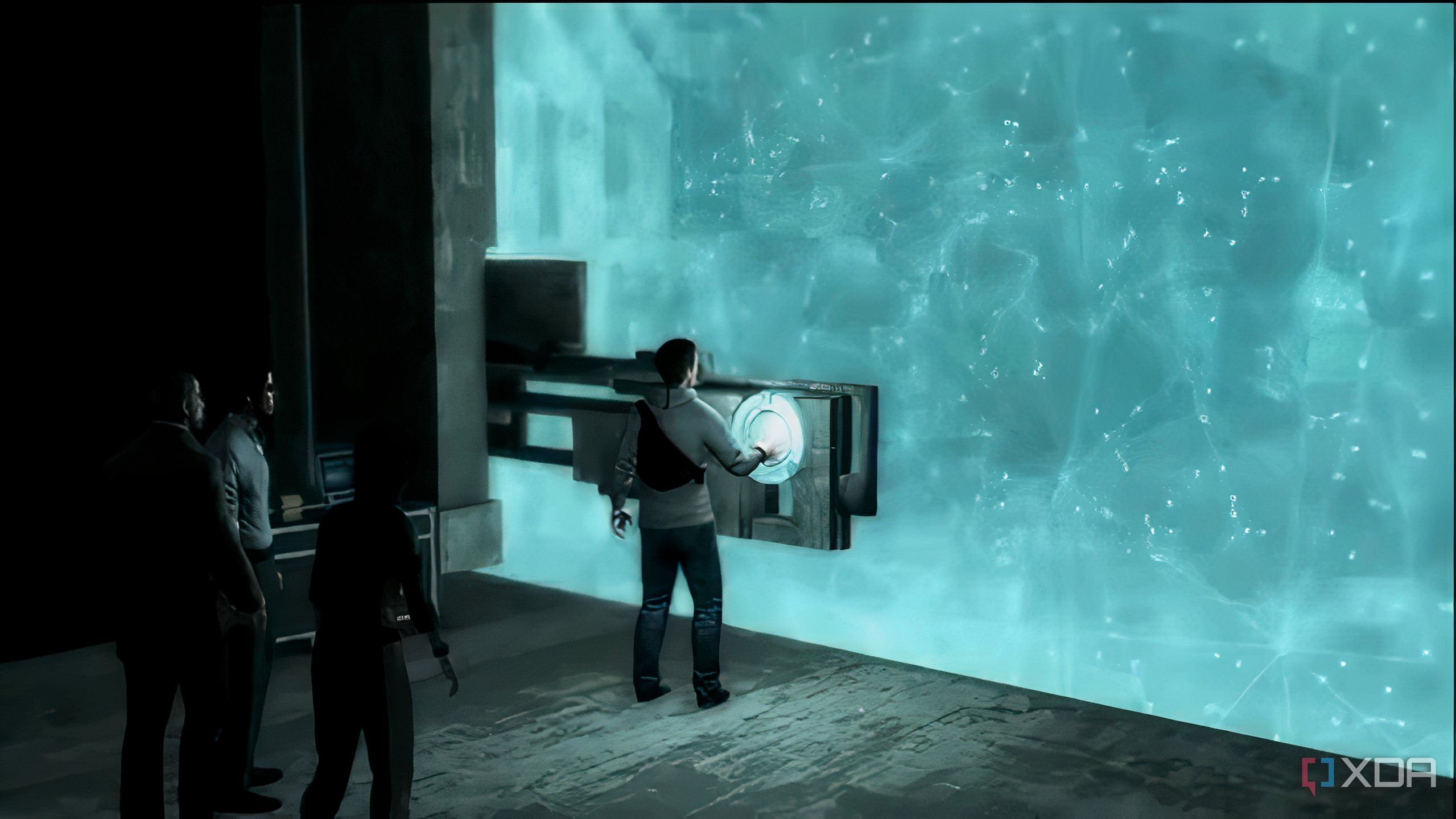 A screenshot from the Assassin's Creed series, showing Desmond and his group of Assassins inside an Isu temple.