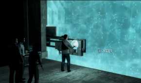 A screenshot from the Assassin's Creed series, showing Desmond and his group of Assassins inside an Isu temple.