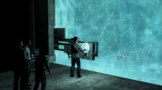 A screenshot from the Assassin's Creed series, showing Desmond and his group of Assassins inside an Isu temple.