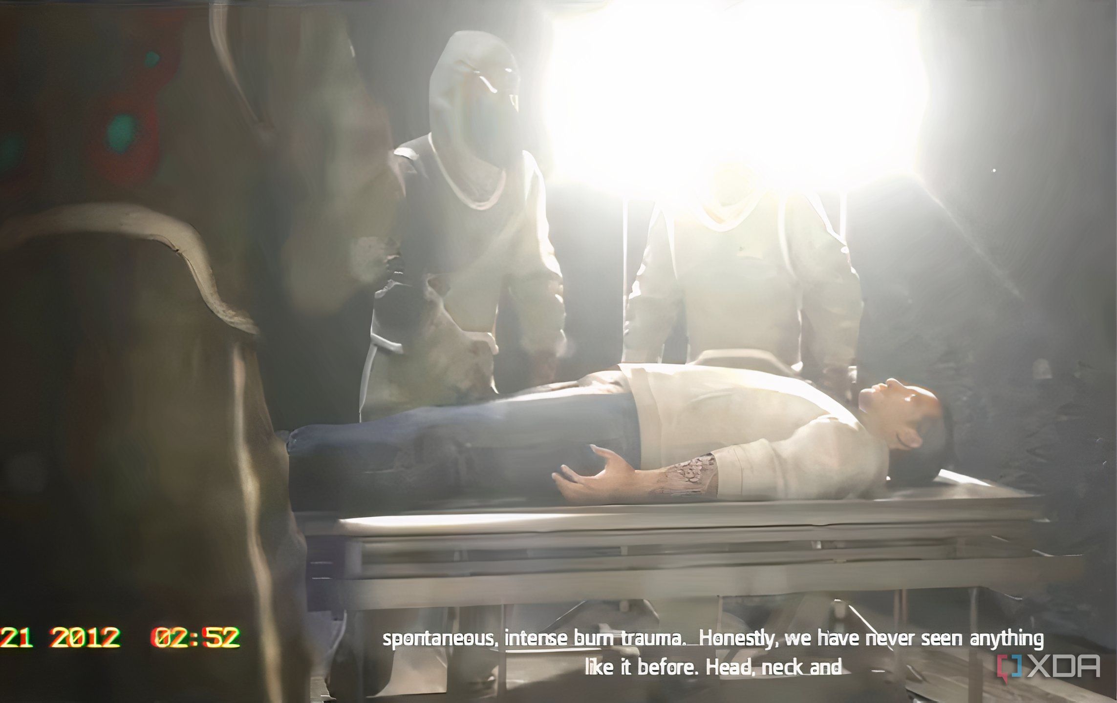 A screenshot from Assassin's Creed Origins, showing photos of Desmond's corpse.