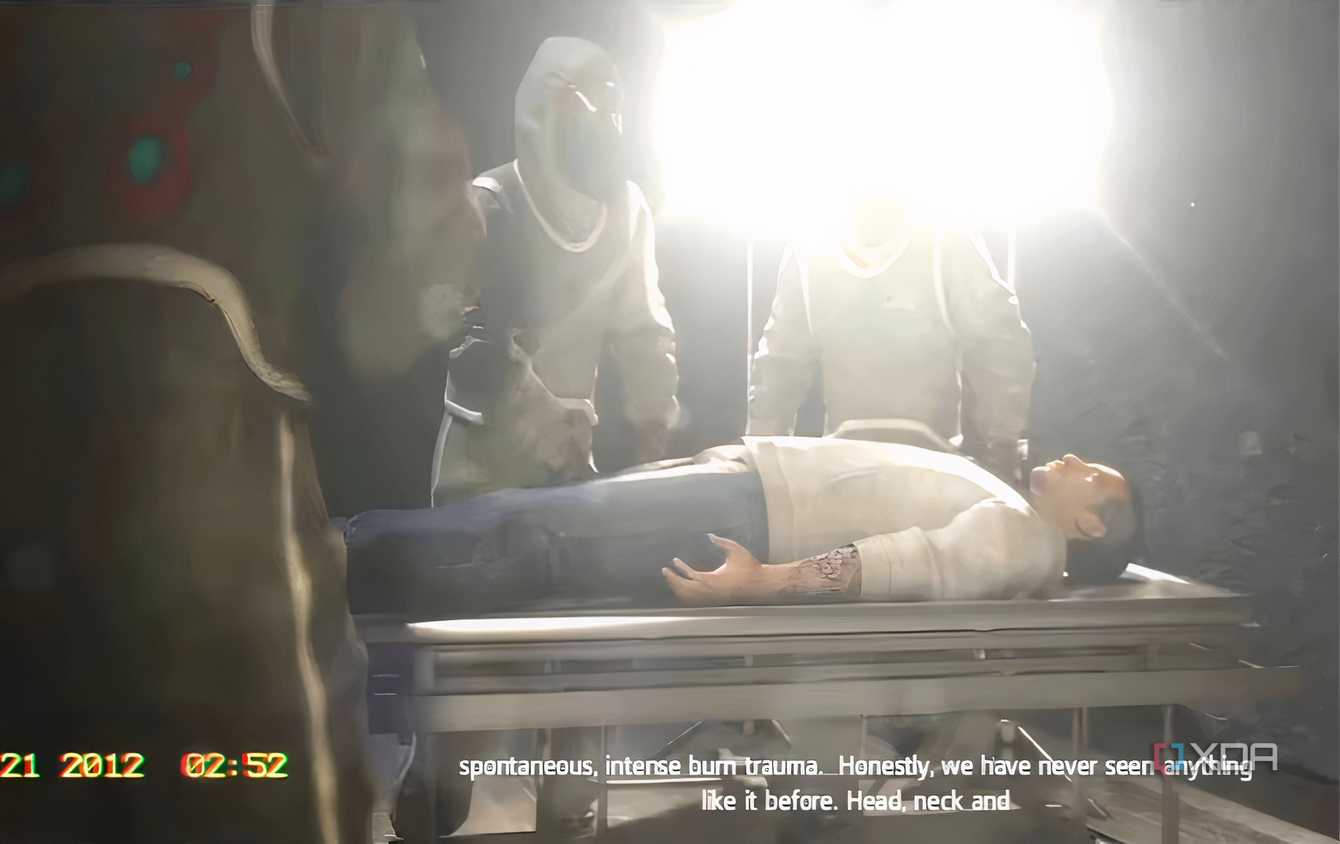 A screenshot from Assassin's Creed Origins, showing photos of Desmond's corpse.
