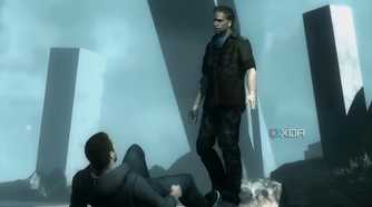 A screenshot from Assassin's Creed Revelations, showing Subject 16 standing over Desmond.