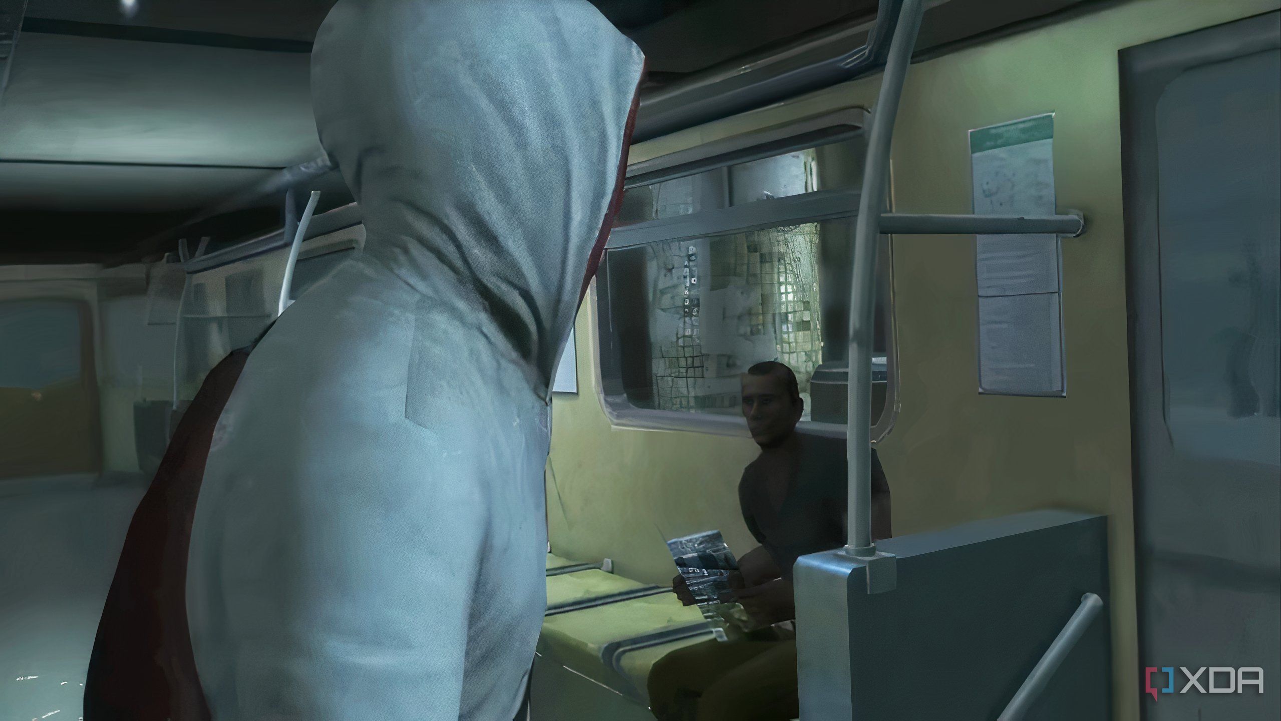 A screenshot from Assassin's Creed 3, showing Desmond in a subway train.