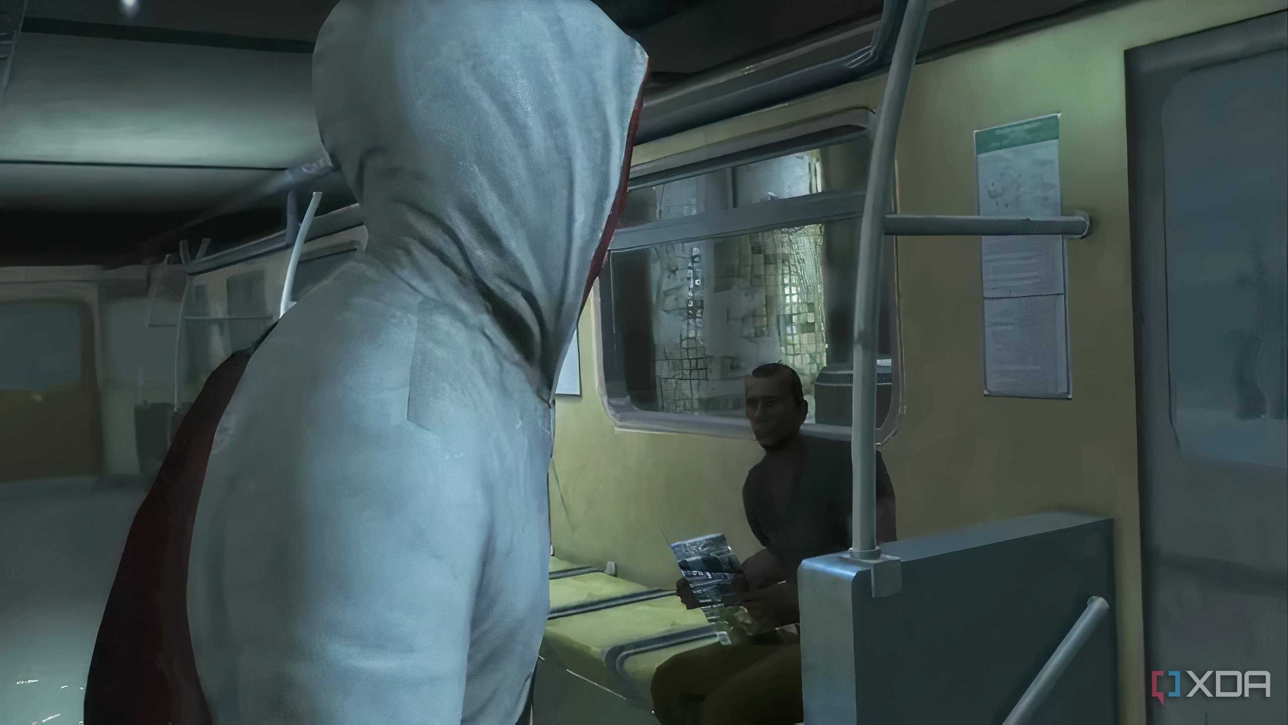 A screenshot from Assassin's Creed 3, showing Desmond in a subway train.