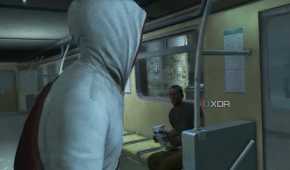 A screenshot from Assassin's Creed 3, showing Desmond in a subway train.