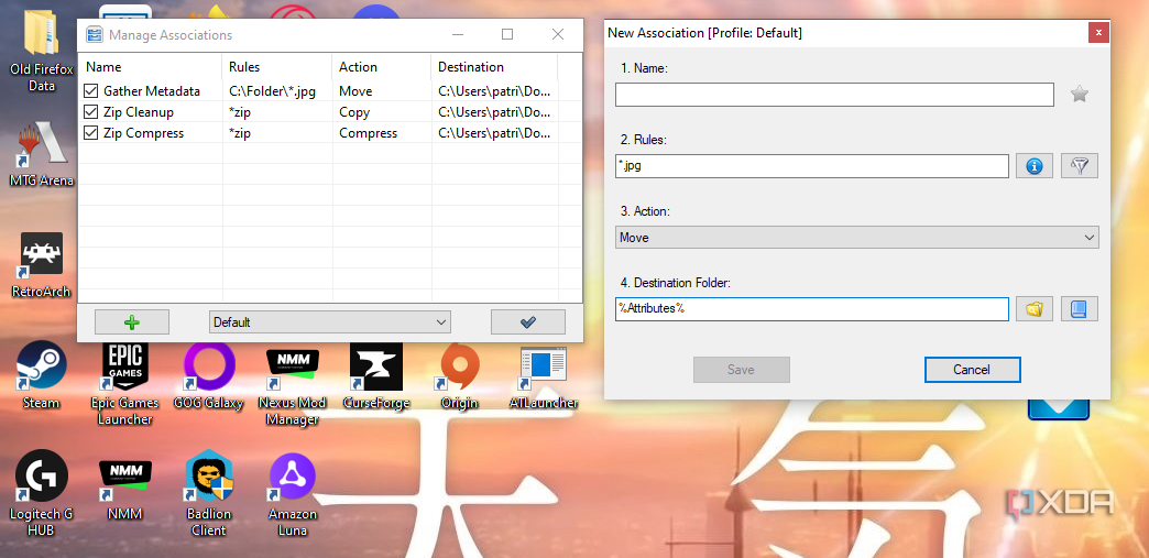 Setting Folder rules in DropIt. 