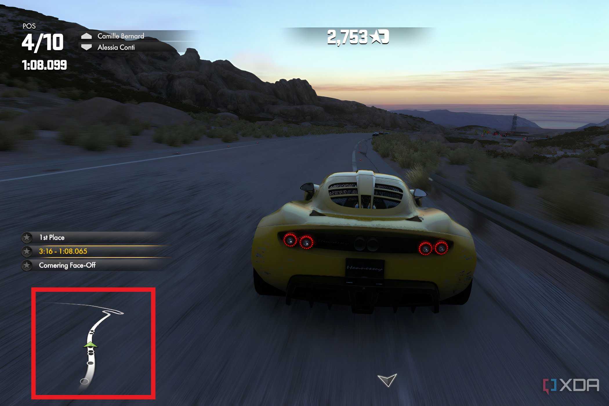 An image from the game Driveclub, showing the mini-map in the bottom-left corner.