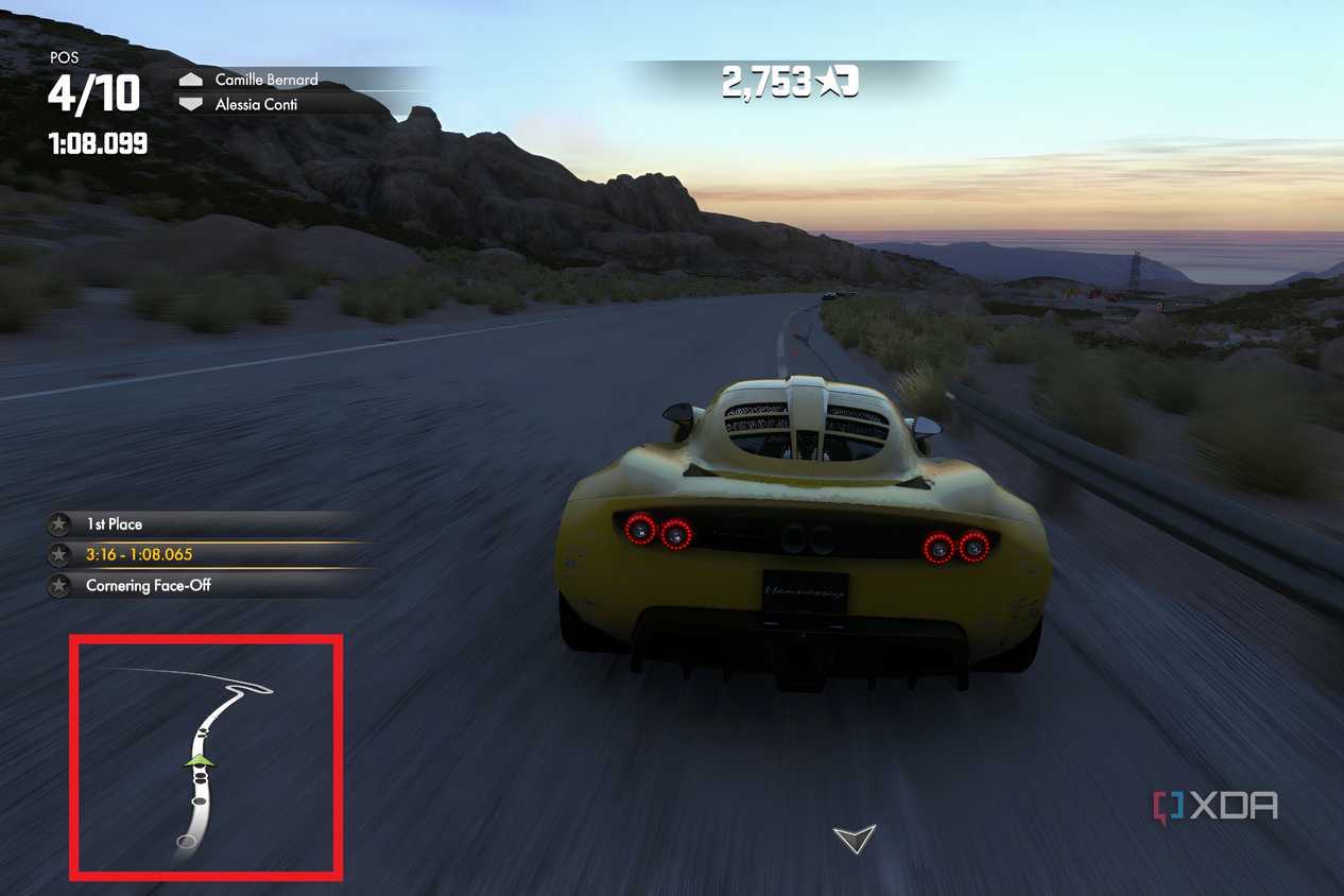 An image from the game Driveclub, showing the mini-map in the bottom-left corner.