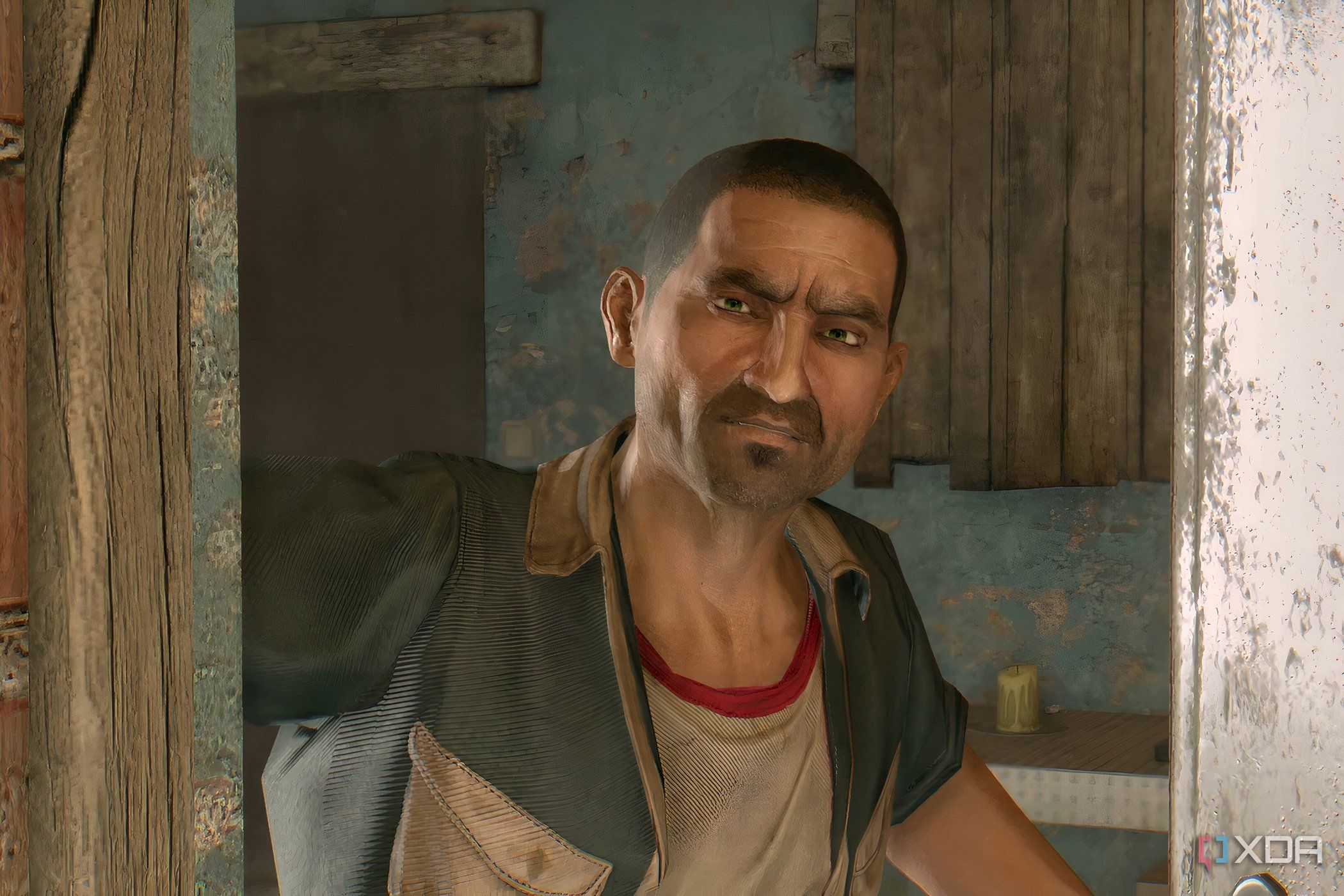 A screenshot from Dying Light, showing a man looking through a door and frowning.