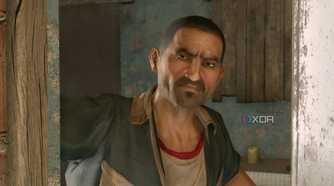 A screenshot from Dying Light, showing a man looking through a door and frowning.