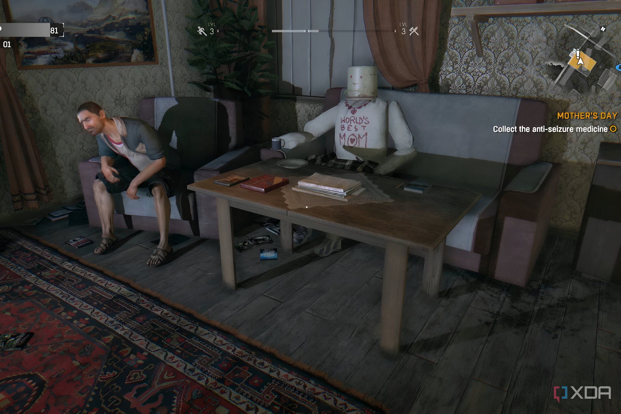 A screenshot from Dying Light, showing a man sitting on a chair next to a life-sized puppet.