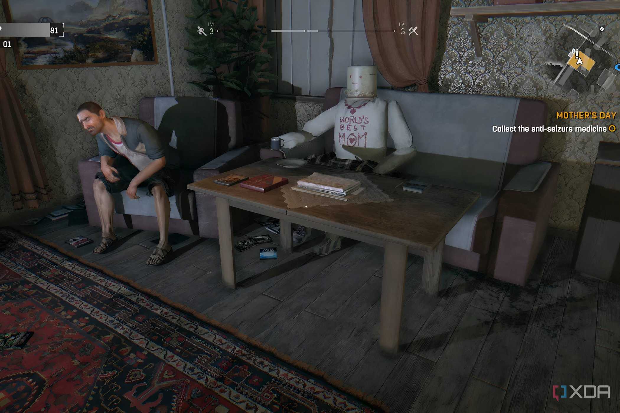 A screenshot from Dying Light, showing a man sitting on a chair next to a life-sized puppet.
