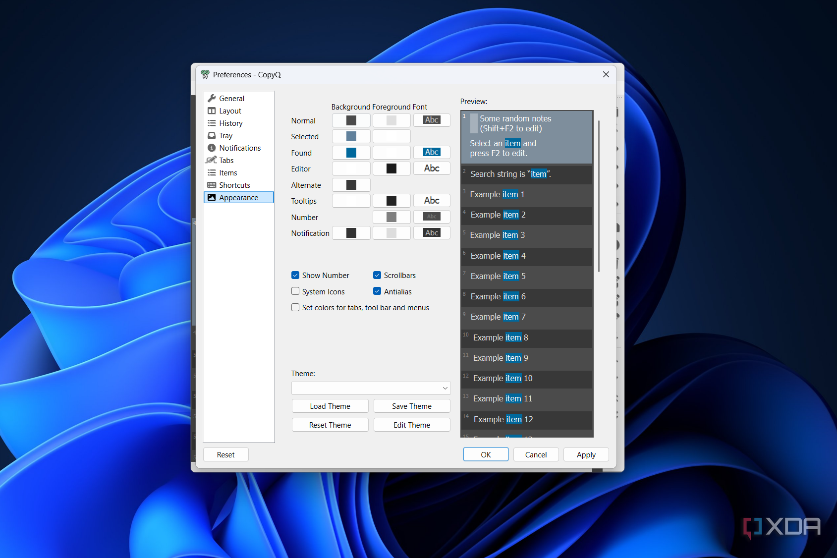 editing the theme in copyq