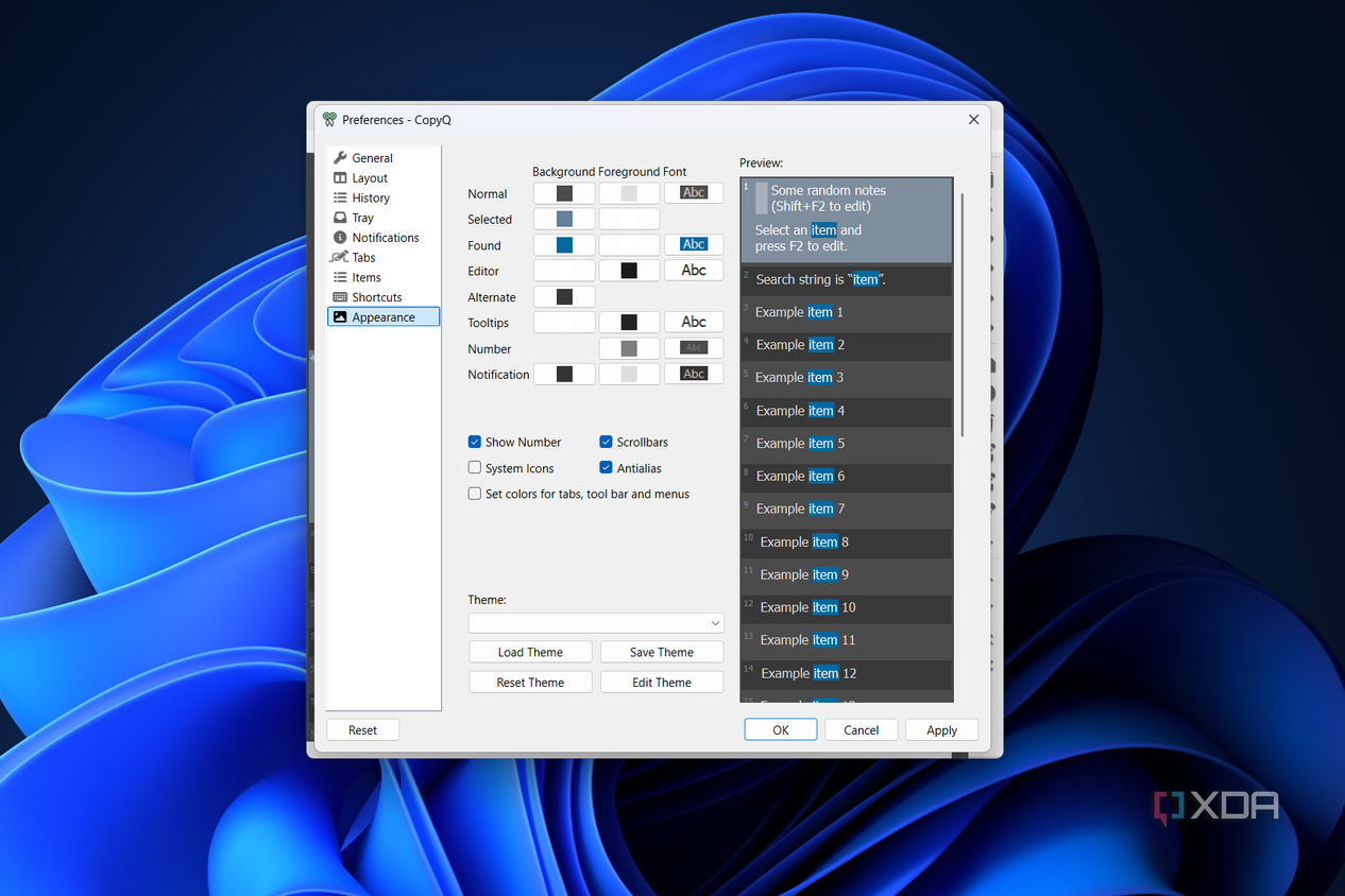editing the theme in copyq