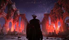 An image from Elden Ring, showing the player character standing in a blood-red, ruined hall.