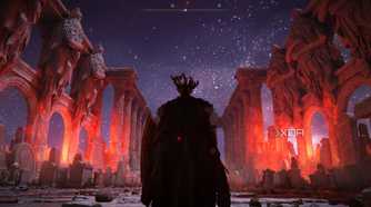 An image from Elden Ring, showing the player character standing in a blood-red, ruined hall.
