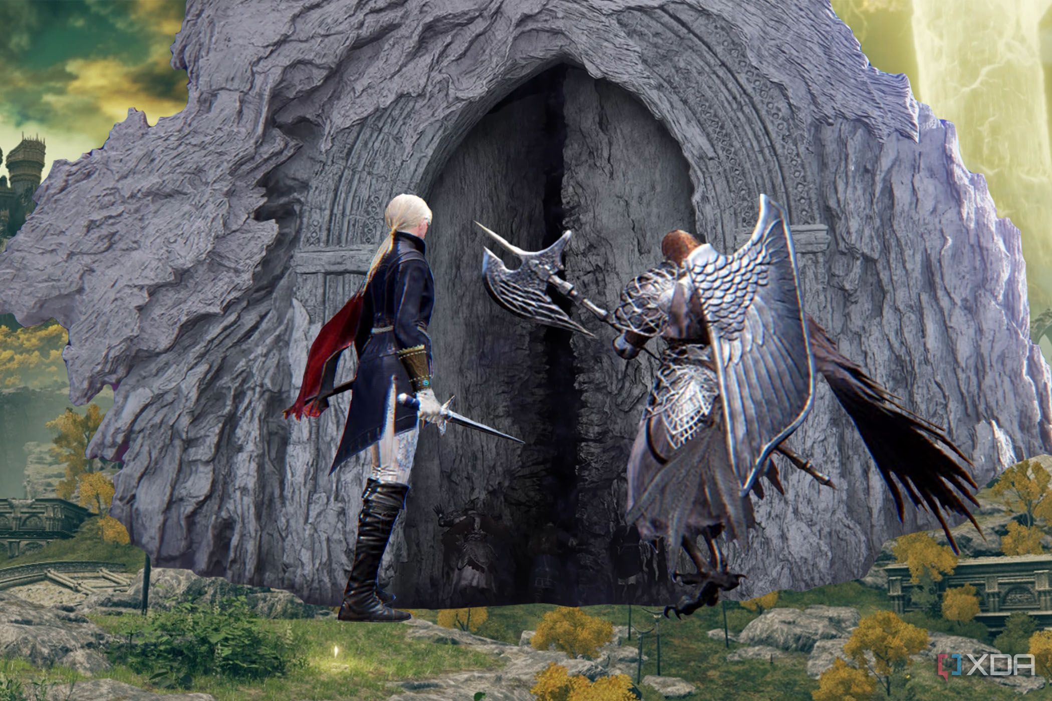 Elden Ring Nightreign Duchess and Guardian walking into decaying door.