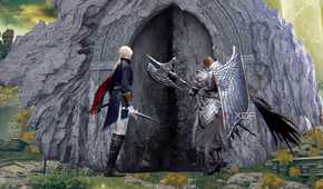 Elden Ring Nightreign Duchess and Guardian walking into decaying door.