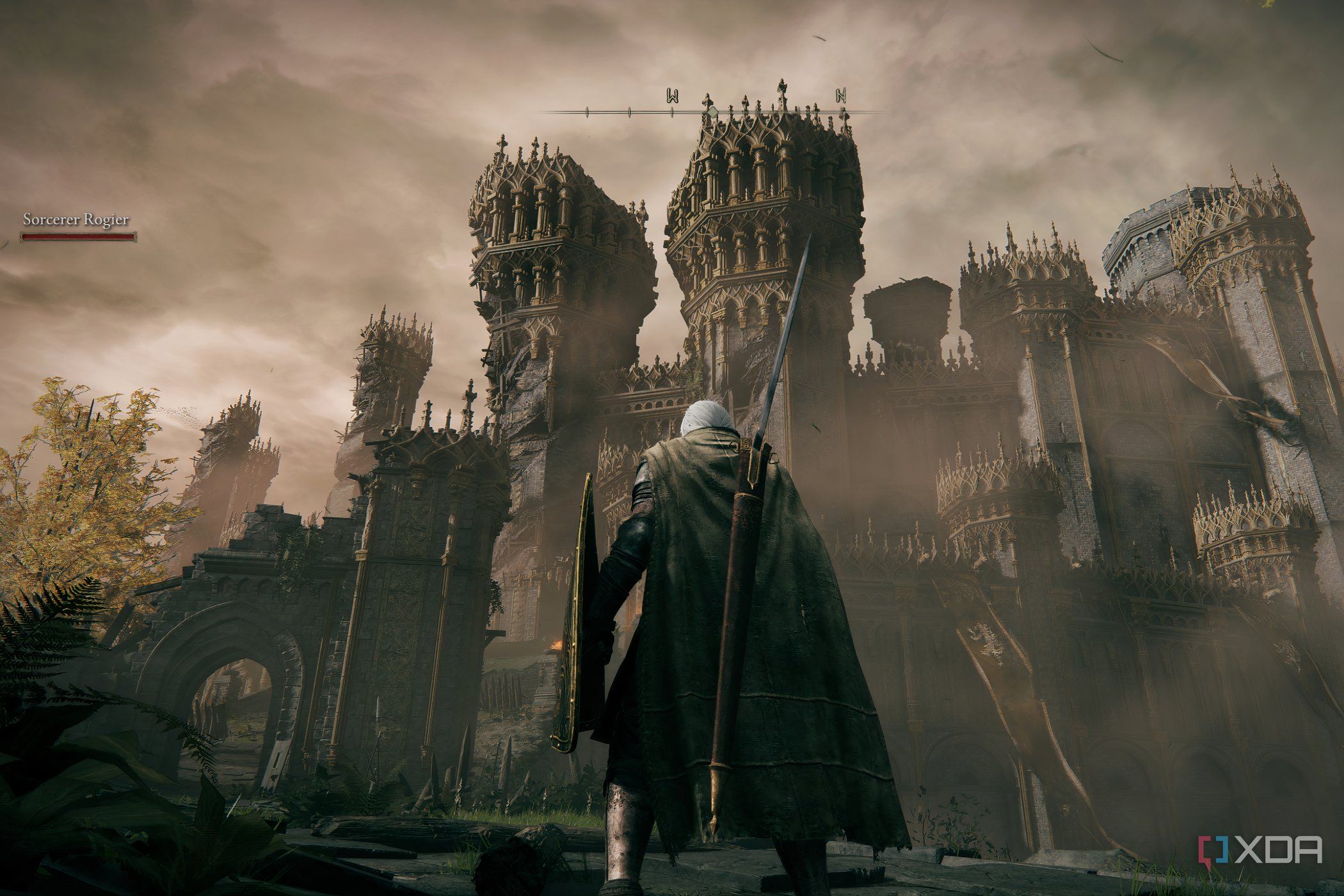 An image from Elden Ring, showing the player character standing in front of Stormveil Castle.