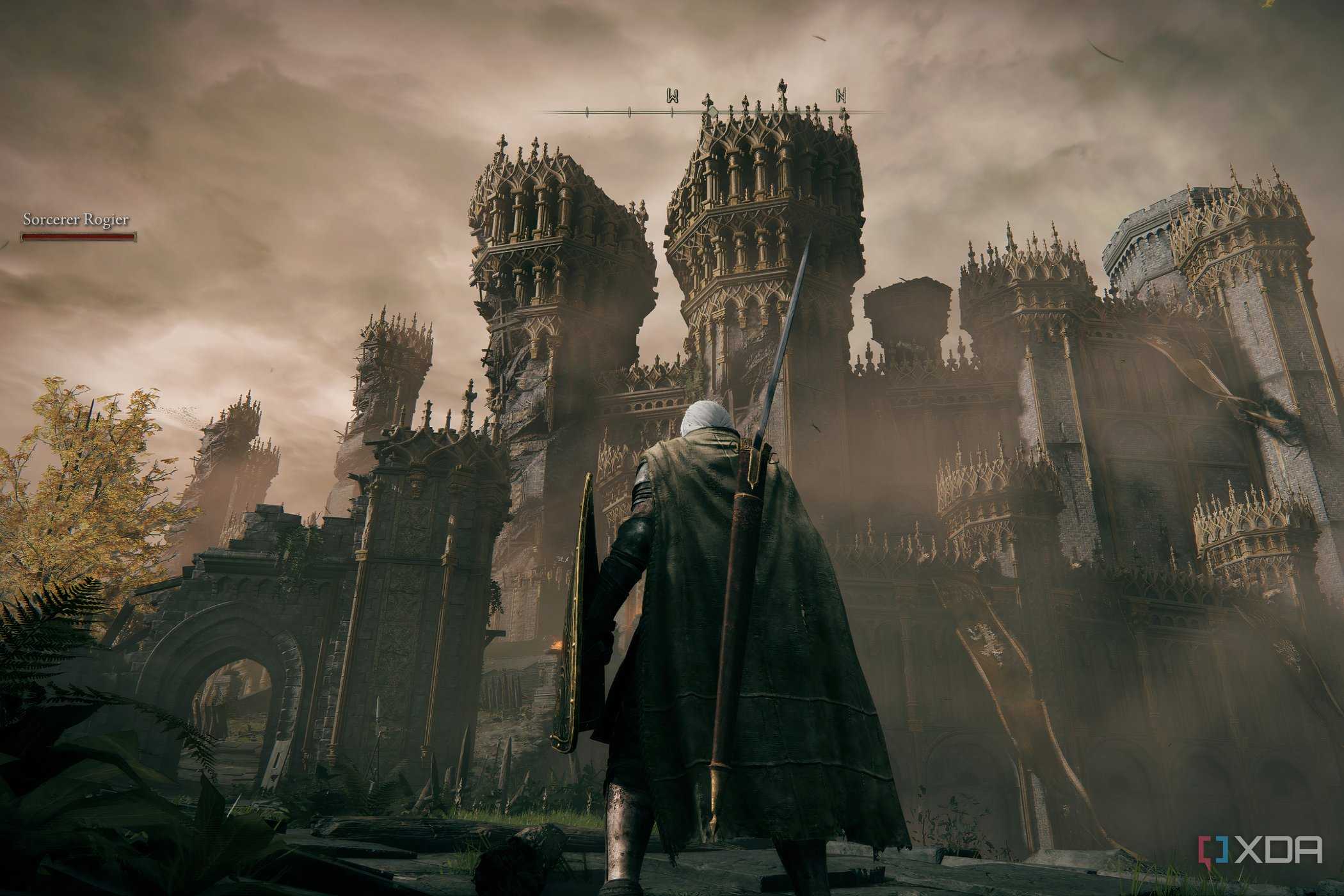 An image from Elden Ring, showing the player character standing in front of Stormveil Castle.