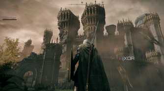 An image from Elden Ring, showing the player character standing in front of Stormveil Castle.