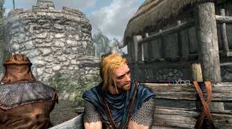A screenshot from the game "The Elder Scrolls V: Skyrim", showing Ralof, a blonde man.