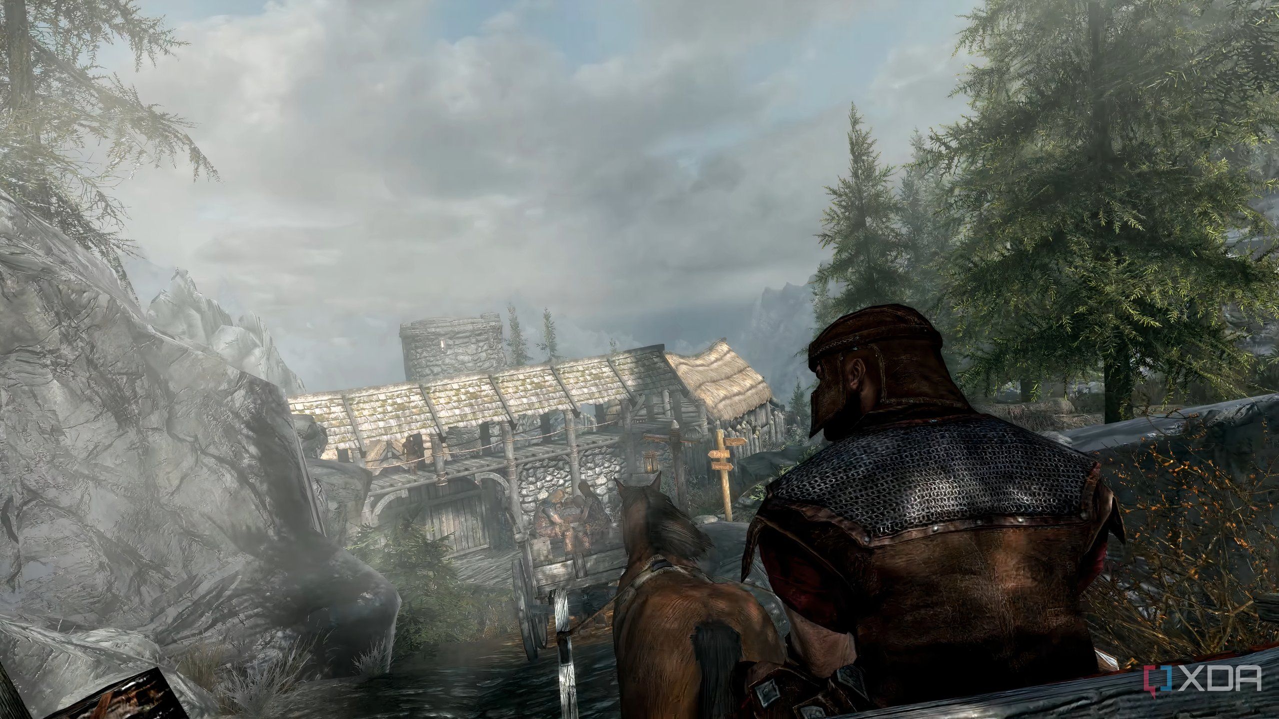 A screenshot from the game "The Elder Scrolls V: Skyrim", showing the Helgen village.