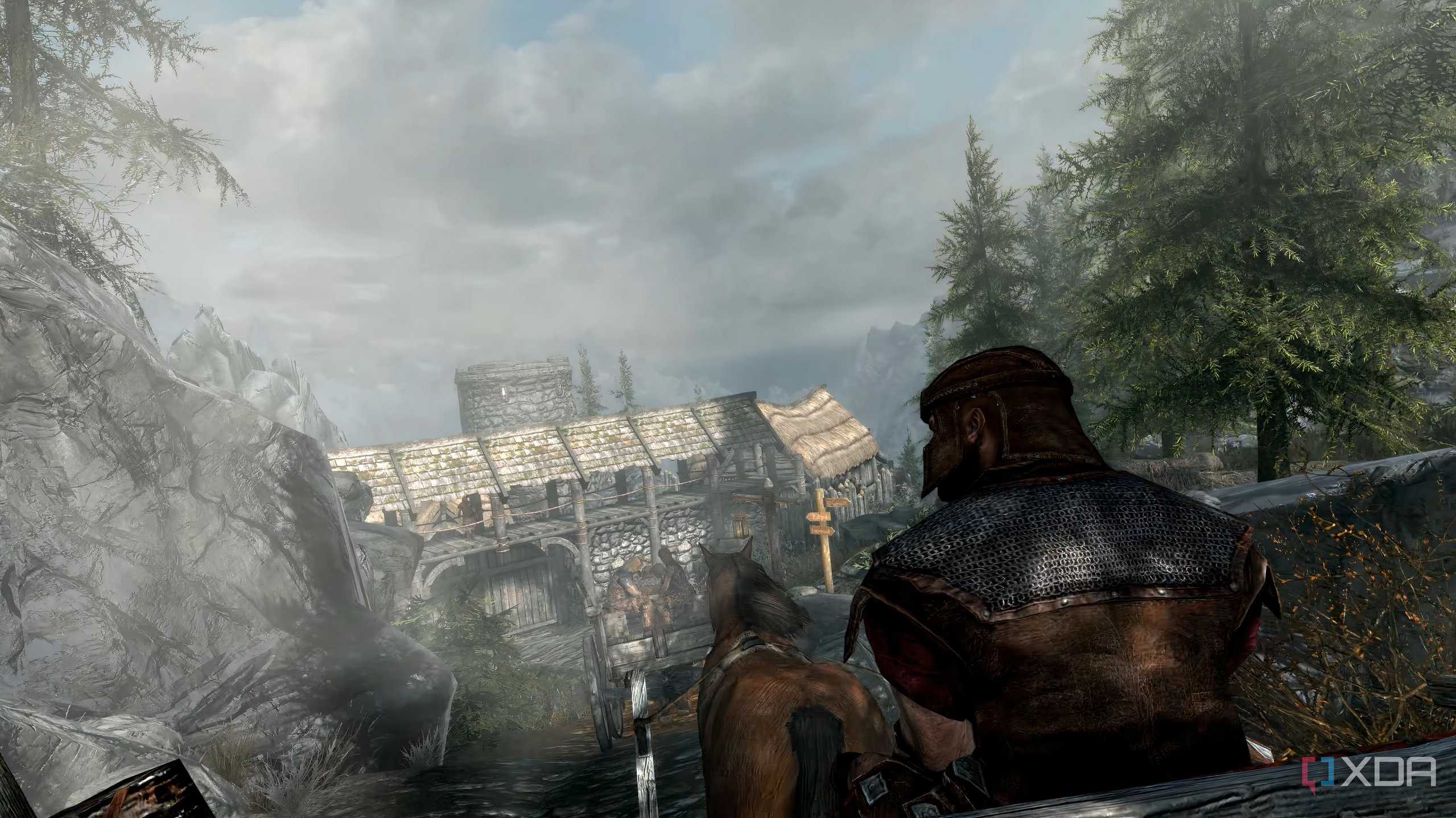 A screenshot from the game "The Elder Scrolls V: Skyrim", showing the Helgen village.