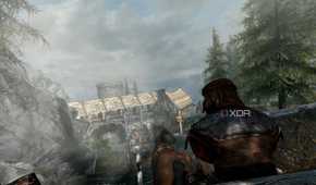 A screenshot from the game "The Elder Scrolls V: Skyrim", showing the Helgen village.