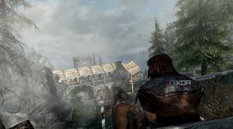 A screenshot from the game "The Elder Scrolls V: Skyrim", showing the Helgen village.