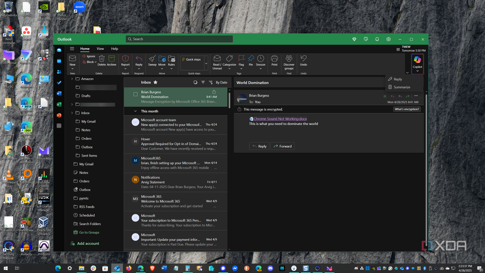 Shows encrypted email in Outlook app