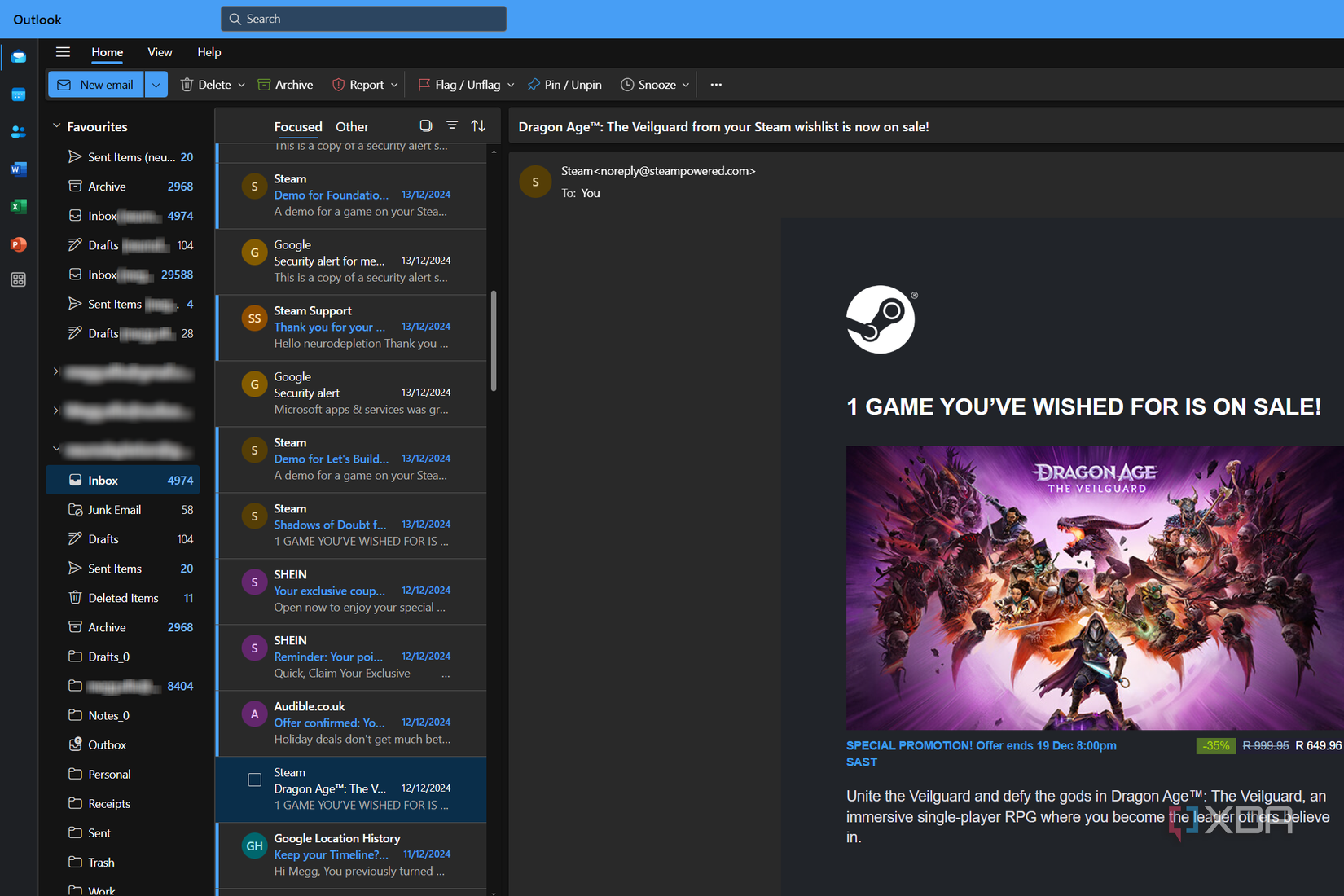 focused outlook inbox with gaming updates and spam