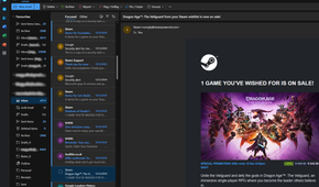 focused outlook inbox with gaming updates and spam