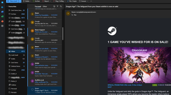 focused outlook inbox with gaming updates and spam