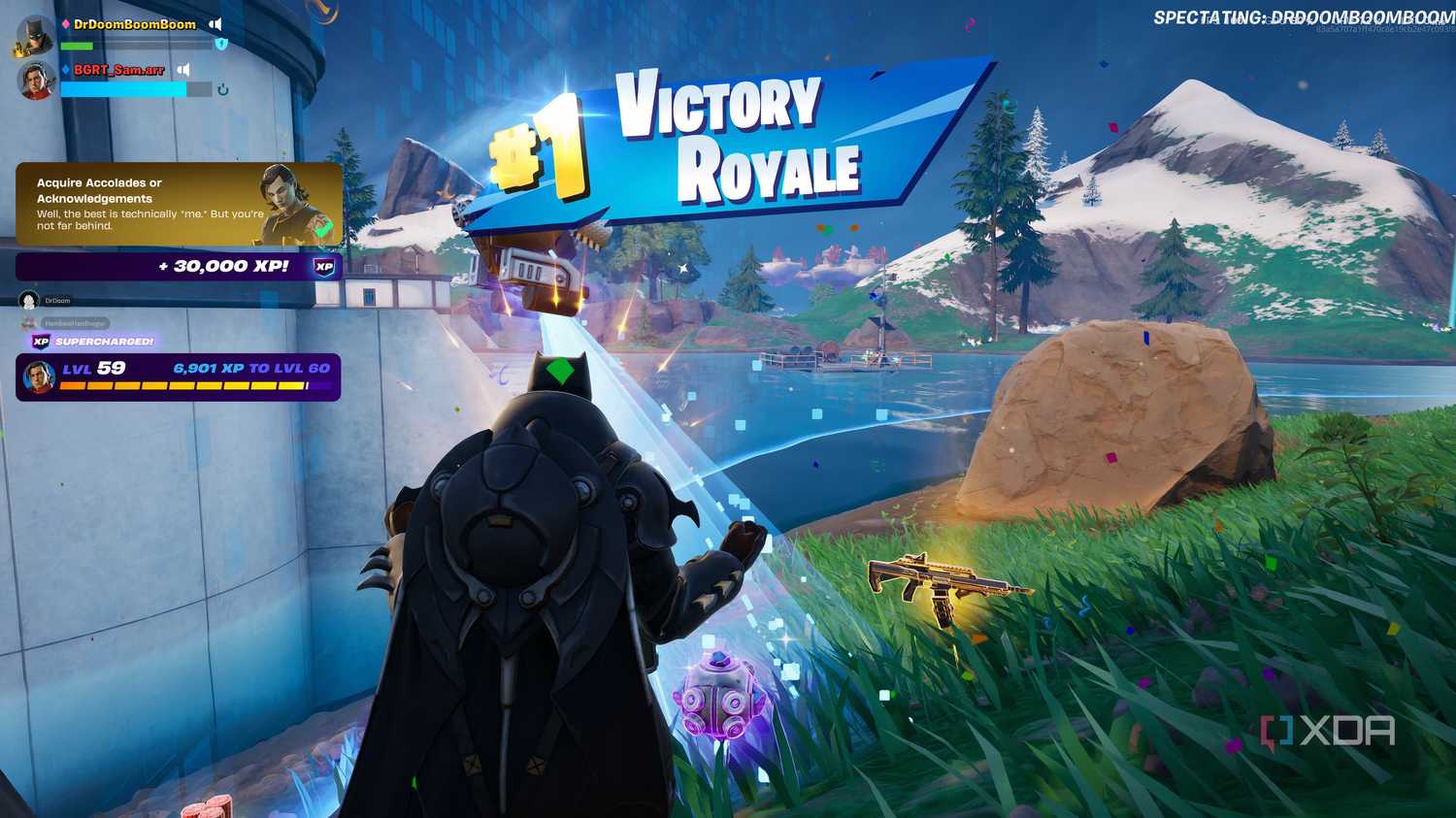An image from the game Fortnite, showing Batman winning a match.