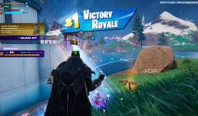 An image from the game Fortnite, showing Batman winning a match.