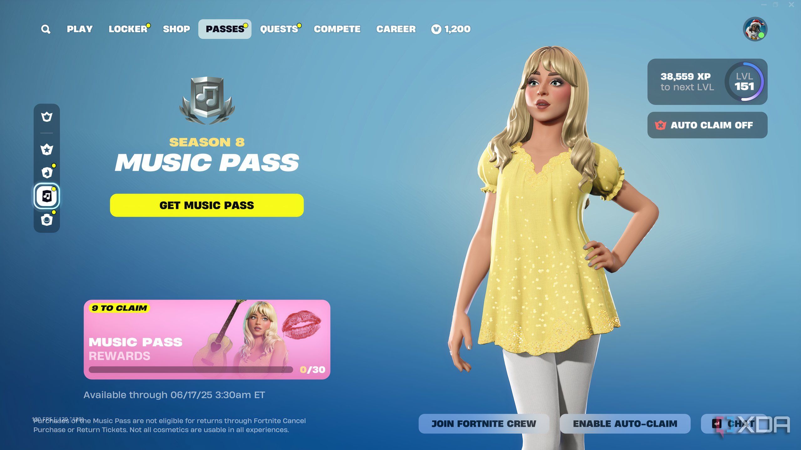 An image from the game Fortnite, showing Sabrina Carpenter in a yellow sundress.