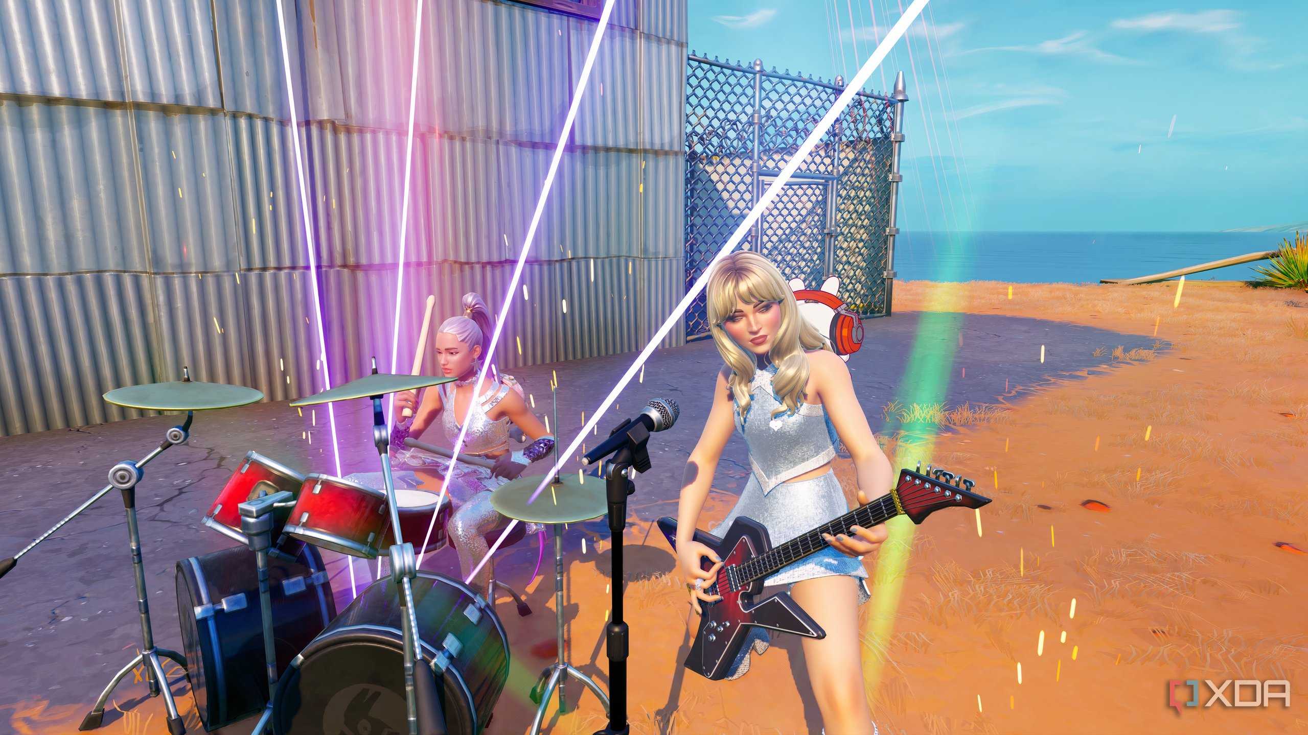 An image from the game Fortnite, showing Ariana Grande and Sabrina Carpenter playing in a band.