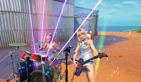 An image from the game Fortnite, showing Ariana Grande and Sabrina Carpenter playing in a band.