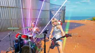 An image from the game Fortnite, showing Ariana Grande and Sabrina Carpenter playing in a band.