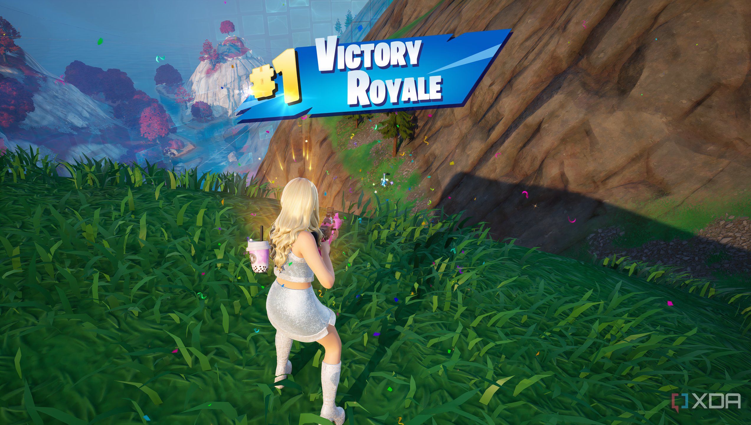 An image from the game Fortnite, showing a blue-clad Sabrina Carpenter winning a match.
