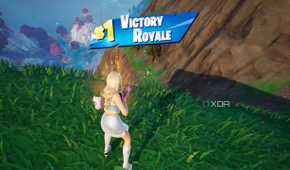 An image from the game Fortnite, showing a blue-clad Sabrina Carpenter winning a match.