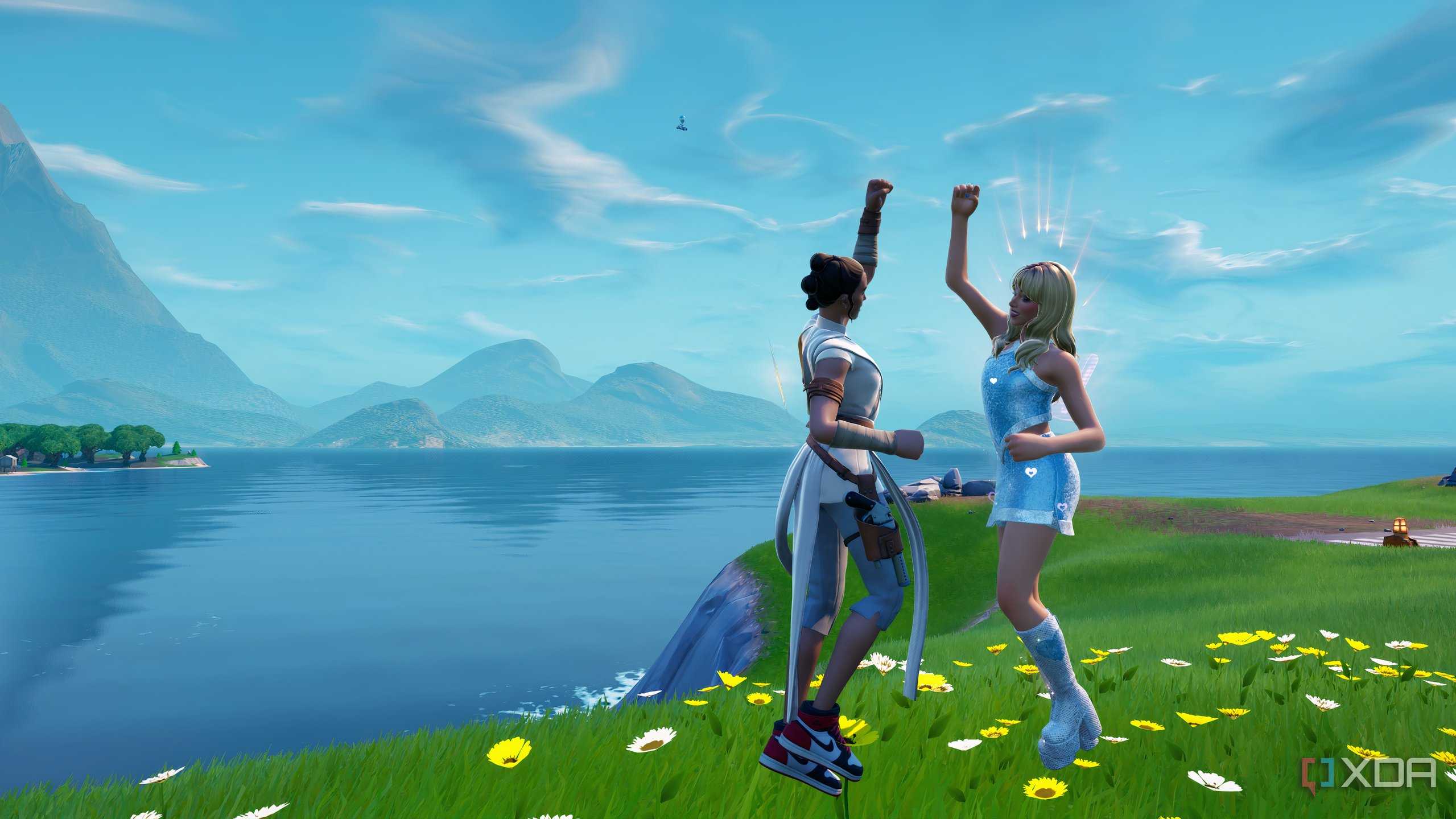 An image from the game Fortnite, showing pop star Sabrina Carpenter and actress Daisy Ridley as playable skins.