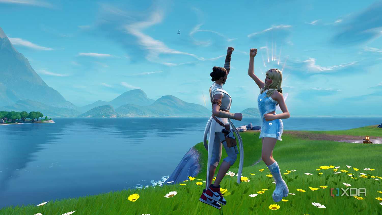 An image from the game Fortnite, showing pop star Sabrina Carpenter and actress Daisy Ridley as playable skins.