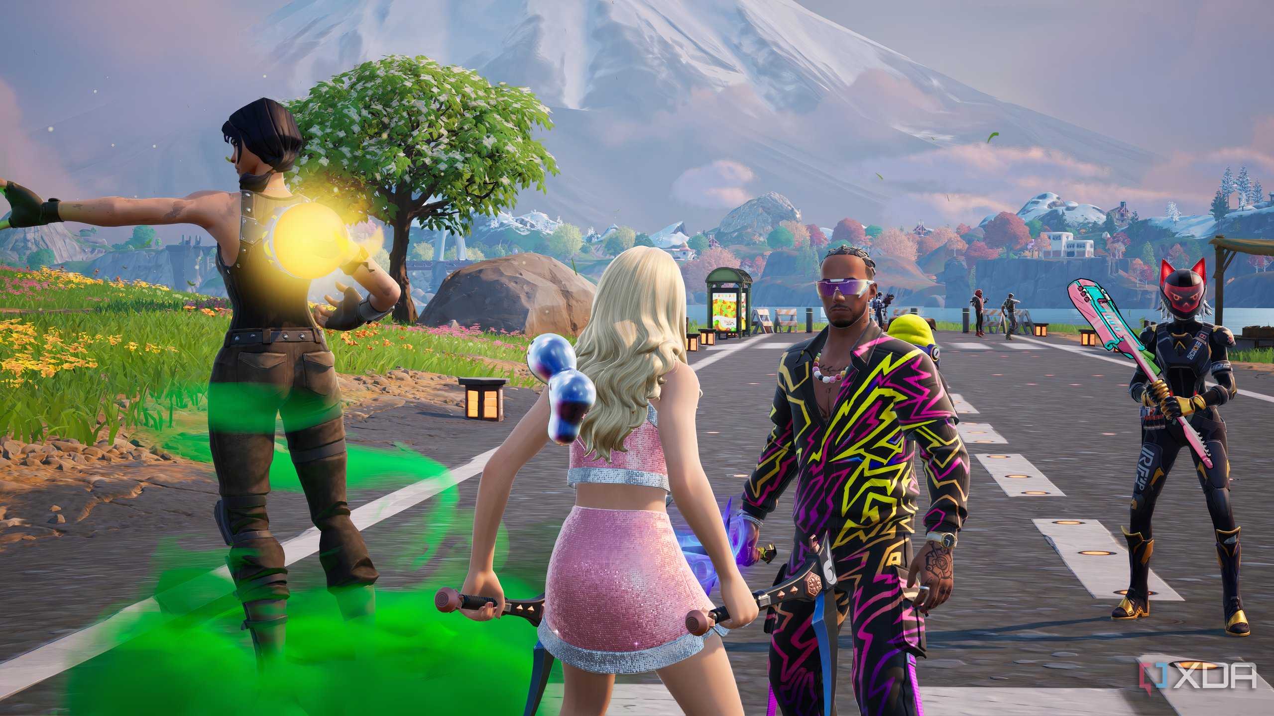 An image from the game Fortnite, showing Sabrina Carpenter looking at Lewis Hamilton.